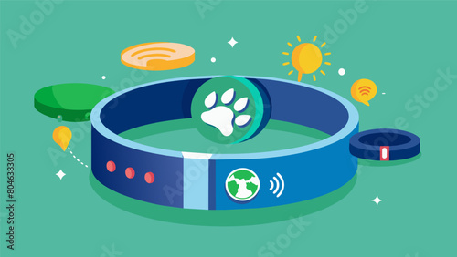An ecofriendly smart collar made from recycled materials equipped with advanced sensors to track your dogs overall health and carbon pawprint.. Vector illustration
