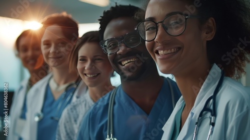 A group of diverse doctors and nurses smiling at the camera. photo