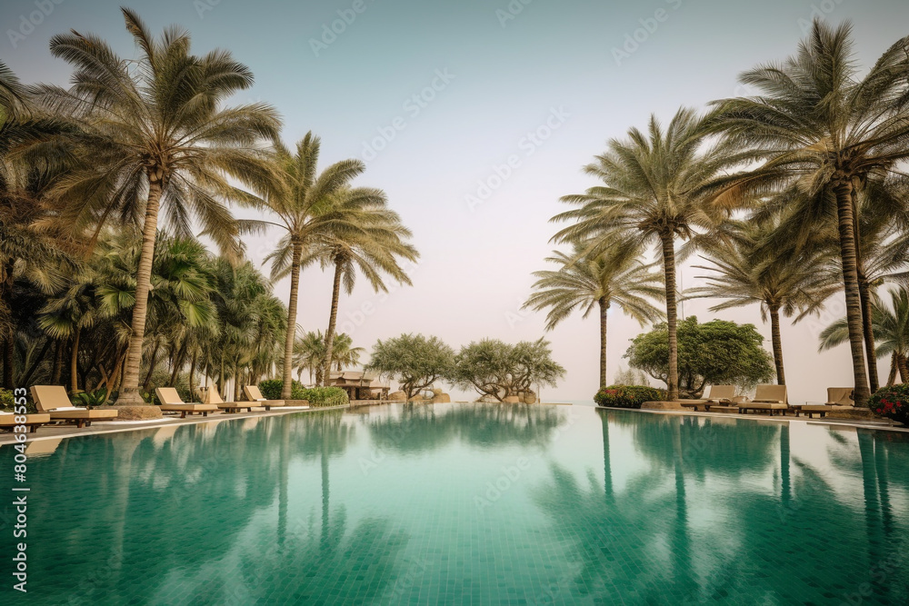 A serene swimming pool surrounded by comfortable loungers and towering palm trees. The crystal-clear water beckons on a hot summer day, offering a refreshing escape from the heat.
