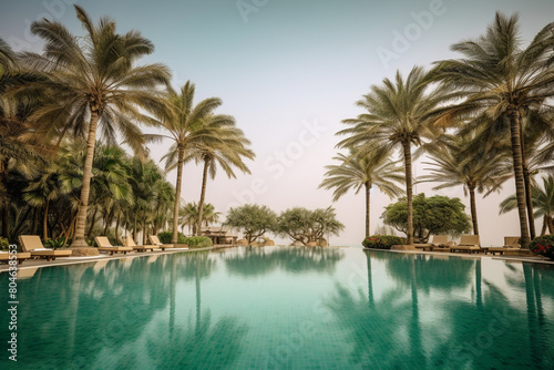 A serene swimming pool surrounded by comfortable loungers and towering palm trees. The crystal-clear water beckons on a hot summer day  offering a refreshing escape from the heat.