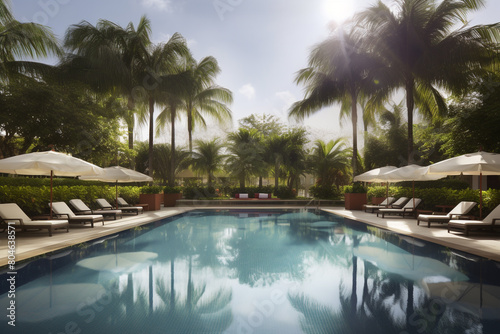 A serene swimming pool surrounded by comfortable loungers and towering palm trees. The crystal-clear water beckons on a hot summer day, offering a refreshing escape from the heat.