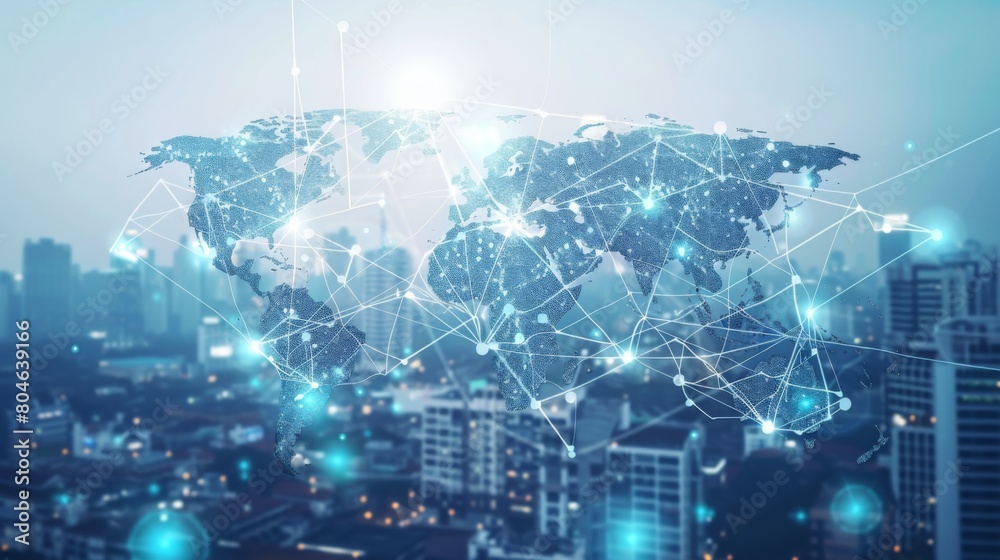 Global world telecommunication network. Wireless Communication on modern cityscape background. Global world telecommunication network. Wireless Communication on modern cityscape background.