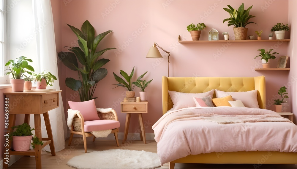 A Cozy modern bed room interior in pink and yellow