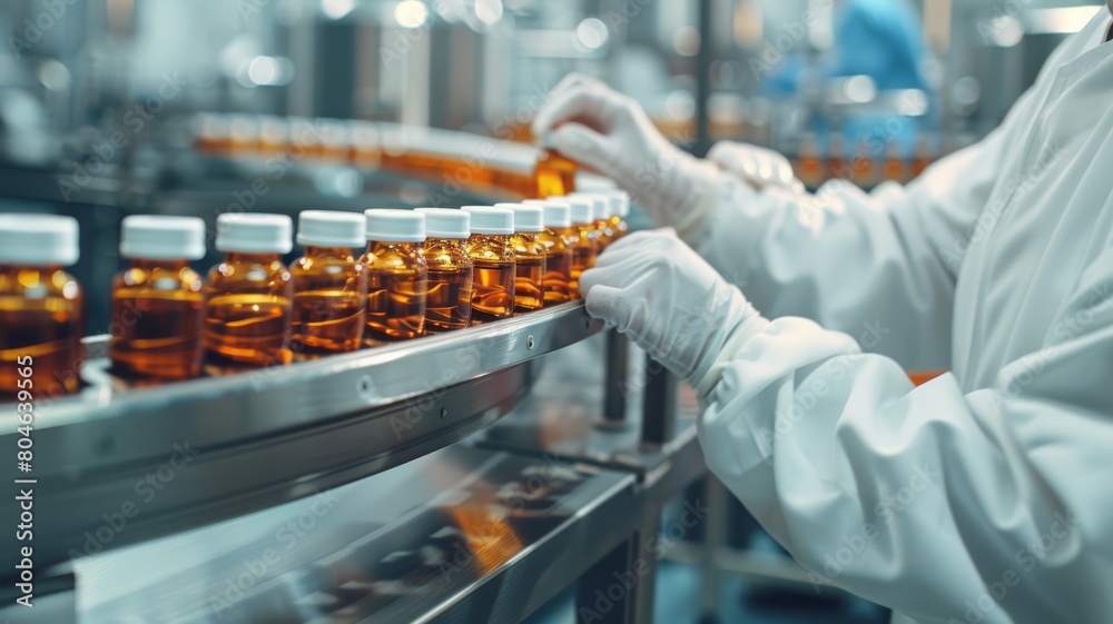 Pharmacist scientist with sanitary gloves examining medical vials on production line conveyor belt in pharmaceutical healthcare factory manufacturing prescription drugs Pharmacist scientist with sanitary gloves examining medical vials on production line conveyor belt in pharmaceutical healthcare factory manufacturing prescription drugs
