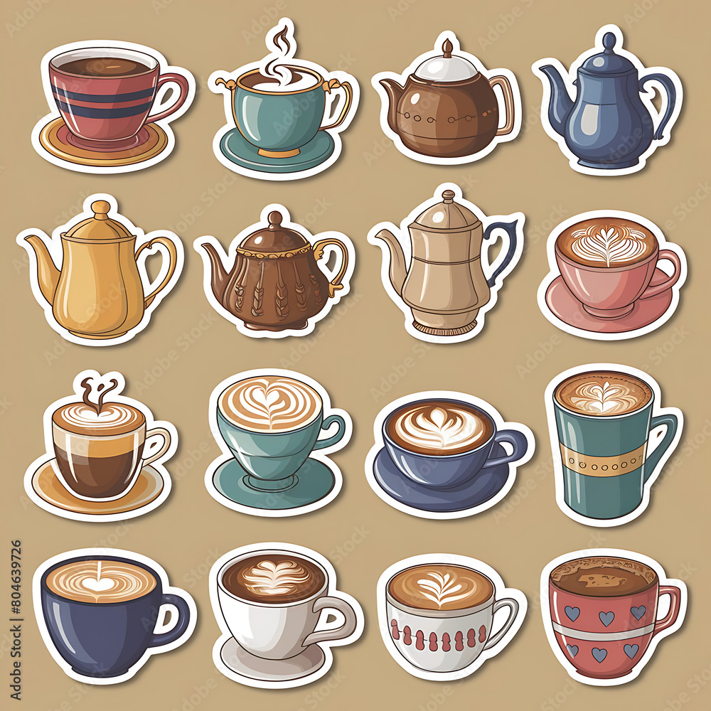 A collection of fun and creative sticker designs featuring various coffee cups, teapots, and latte art. A collection of fun and creative sticker designs featuring various coffee cups, teapots, and latte art.