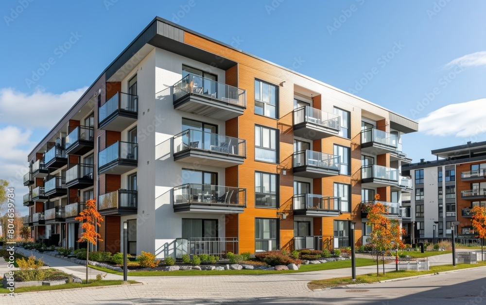 Modern apartment building exterior with a clear blue sky, golden brown cladding, and white details captures the architectural beauty of modern city Generative AI