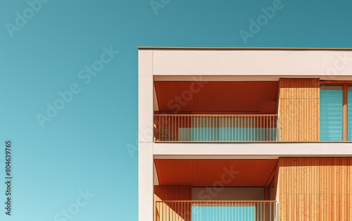modern apartment building against a clear blue sky, with a warm color palette and minimalistic architecture Generative AI