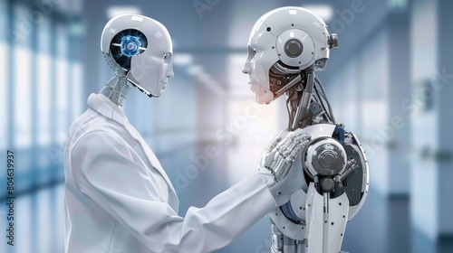 The image shows two robots staring at each other with one robot having its hand on the shoulder of the other. photo