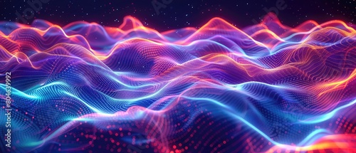 A digital landscape with glowing blue and pink waves against a starry background.
