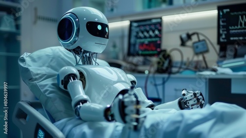 A robot lying in a hospital bed, looking at the camera with glowing blue eyes.