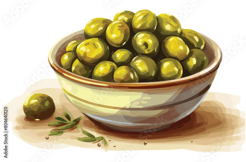 Green olives marinated in the bowl vector art painting