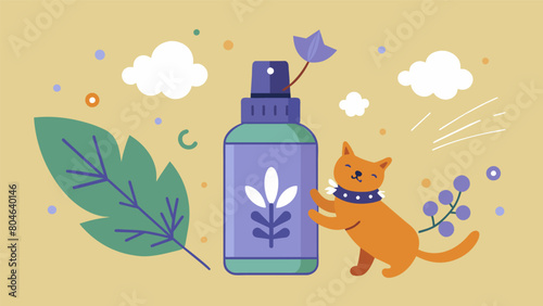 An herbal pet pheromone spray to create a sense of security and reduce stress in unfamiliar environments.. Vector illustration