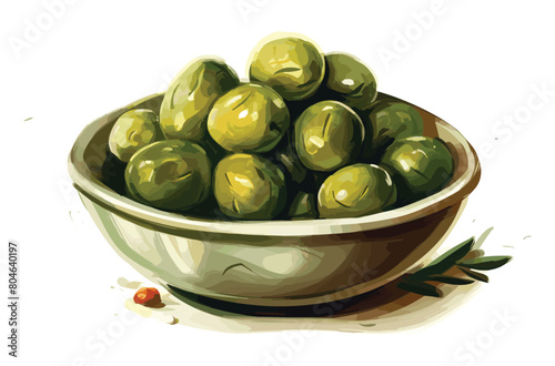 Green olives marinated in the bowl vector art painting