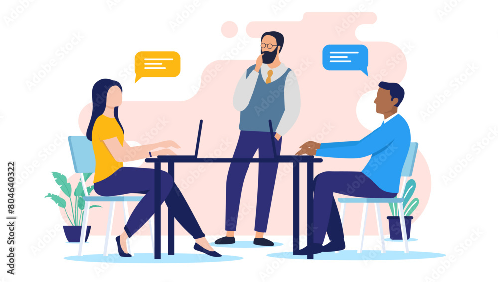 People at work on desk - Office businesspeople in casual clothing working, talking and discussing while sitting at table. Flat design vector illustration with white background
