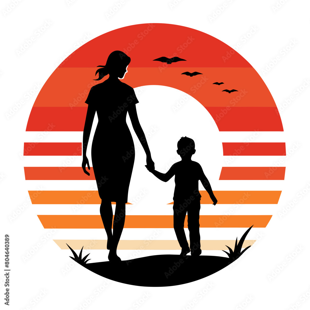 mother and son stand on the beach vector art illustration