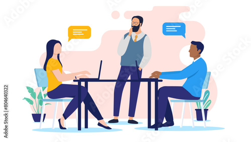 People at work on desk - Office businesspeople in casual clothing working, talking and discussing while sitting at table. Flat design vector illustration with white background