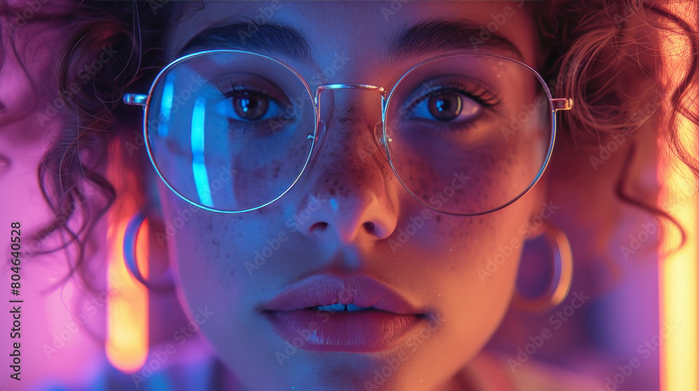 Young gil wearing eyeglasses in neon lights