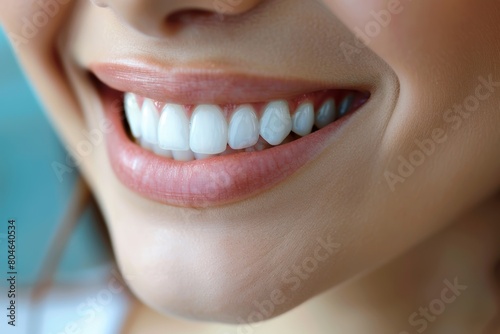 Close-up of a beautiful snow-white female smile with natural radiance and elegance