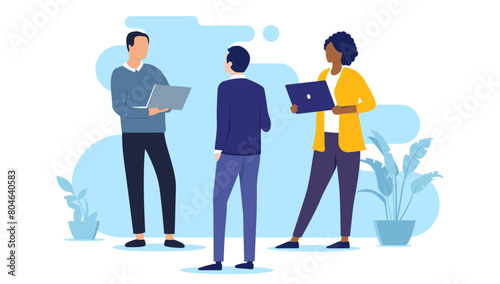 Tech people talking - People with laptop computers standing having a meeting and discussing work and business. Flat design vector illustration with white background