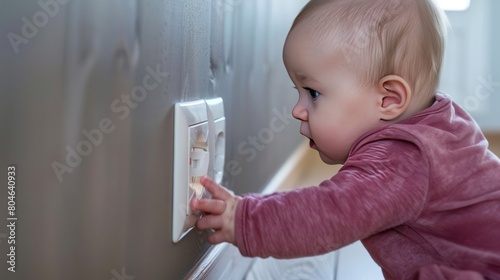 Children finger in a childproof plug. Home Safety plug socket for baby protection. photo