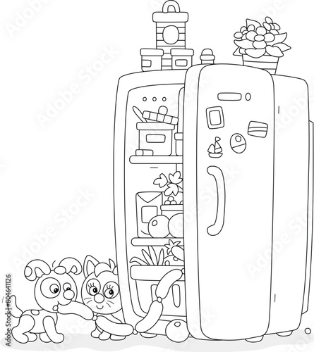 Funny little puppy and kitten gluttons filching very tasty sausages from a fridge with foods in a home kitchen, black and white vector cartoon illustration for a coloring book