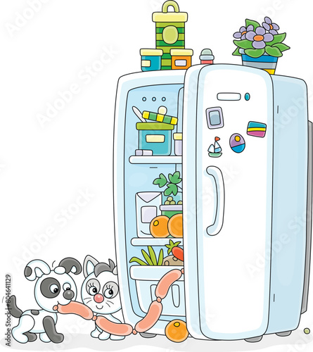 Funny little puppy and kitten gluttons filching very tasty sausages from a fridge with foods in a home kitchen, vector cartoon illustration isolated on a white background photo