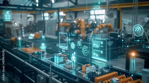 Industry 4.0 concept image. industrial instruments in the factory with cyber and physical system icons  Internet of things network smart factory solution