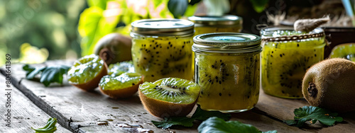 kiwi jam in jars on the table against the backdrop of a bright natural garden