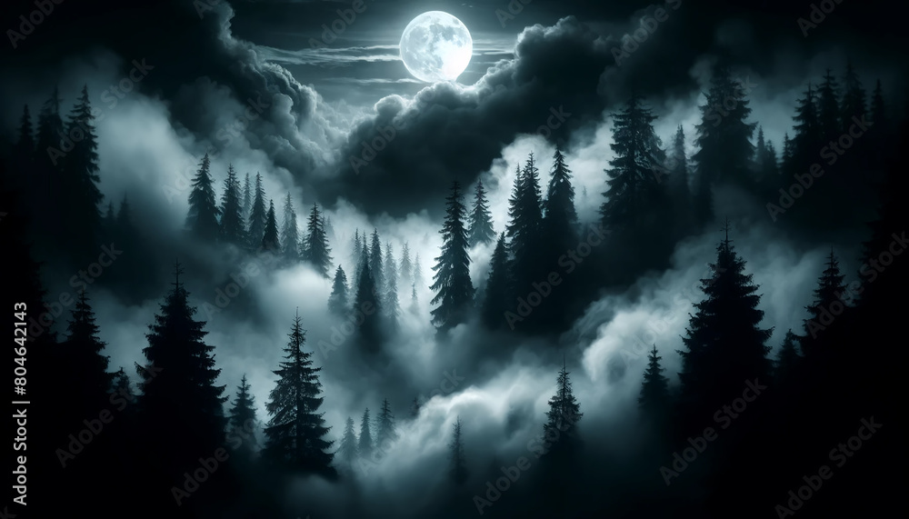 eerie gloomy pine forest shrouded in thick night fog, full moon visible through a gap in heavy clouds