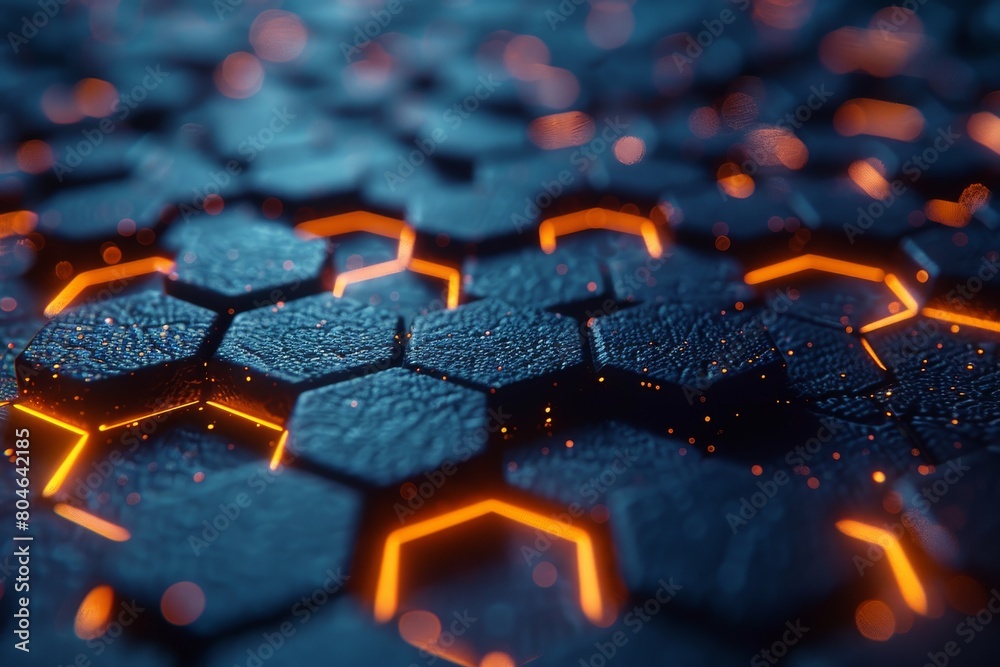 A mesmerizing display of illuminated hexagons with deep blue tones and subtle orange glows, suggesting advanced technology