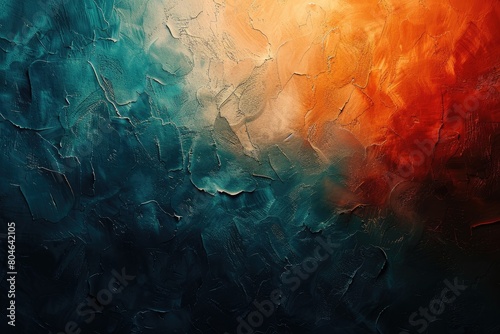 A painting of a wall with blue and orange paint. The blue and orange colors are blended together to create a unique and interesting texture. The painting has a sense of depth and movement photo