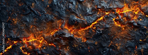 Lava from a volcano flows slowly over rocks. photo