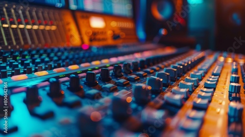 A sound engineer is working at a mixing console in a recording studio. photo