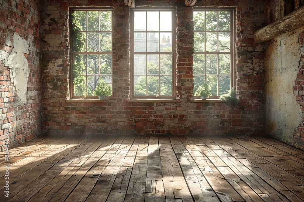 Sunlit loft with a cozy arrangement of green plants near large windows showing an urban view, representing growth and tranquility Sunlit loft with a cozy arrangement of green plants near large windows showing an urban view, representing growth and tranquility