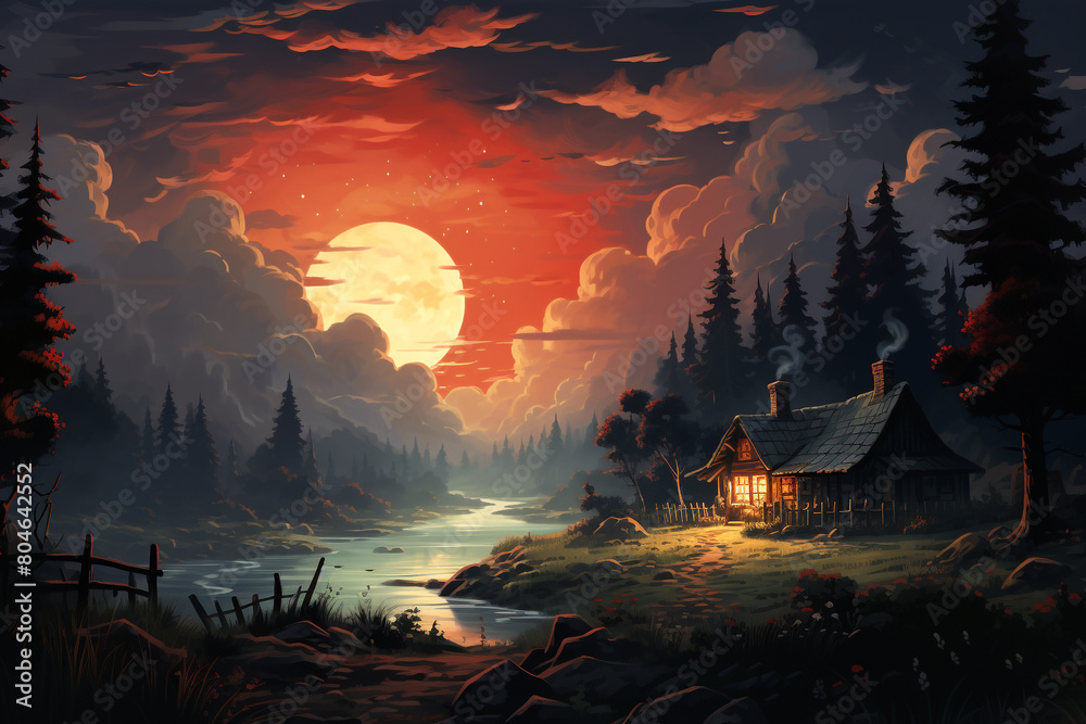 A cozy cottage nestled among trees, with smoke rising from its chimney into the evening sky,