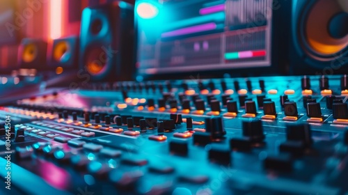 A sound engineer is working at a mixing console in a recording studio. photo