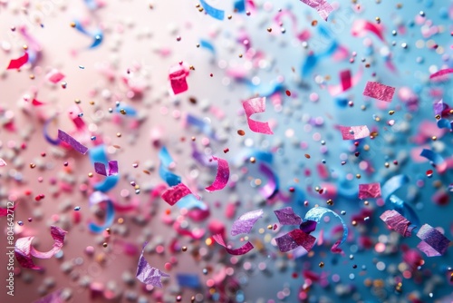 Confetti and streamers on blue background, party and celebration concept