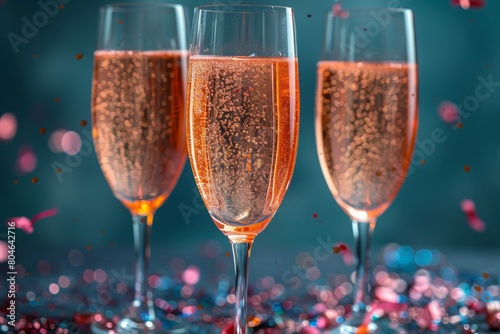 Champagne glasses with splashes and confetti on blue background