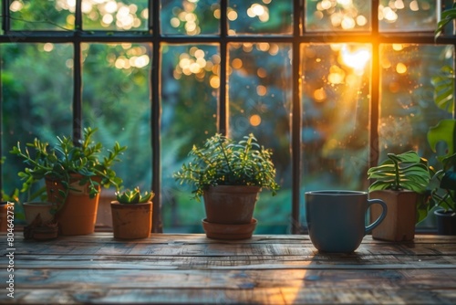 Coffee cup and flower pot on wooden table in morning light