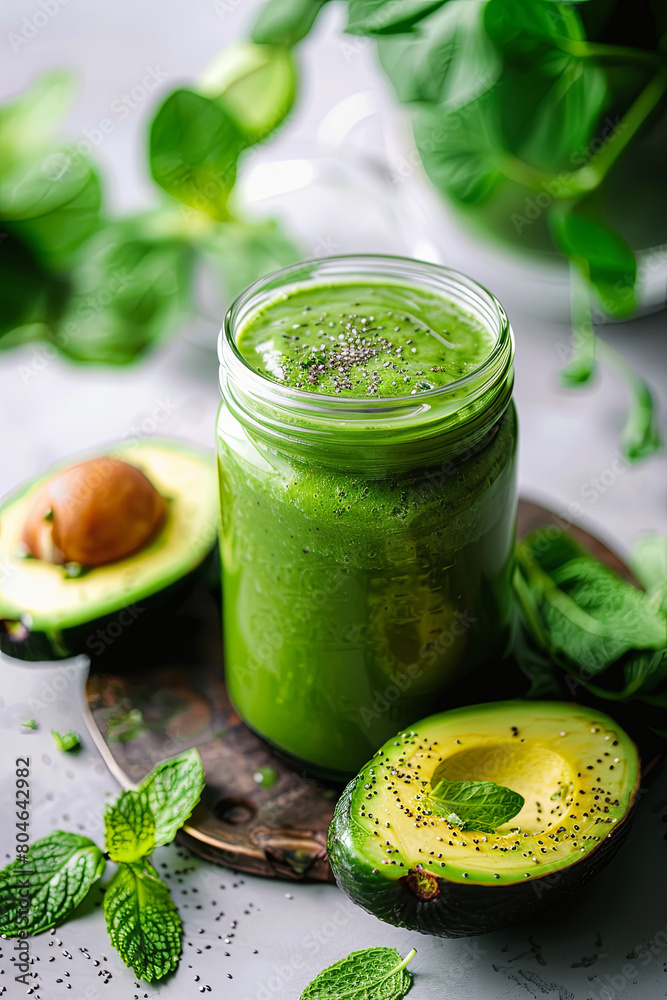 Avocado green smoothie next to half an avocado and basil on a rustic surface. Avocado green smoothie next to half an avocado and basil on a rustic surface.