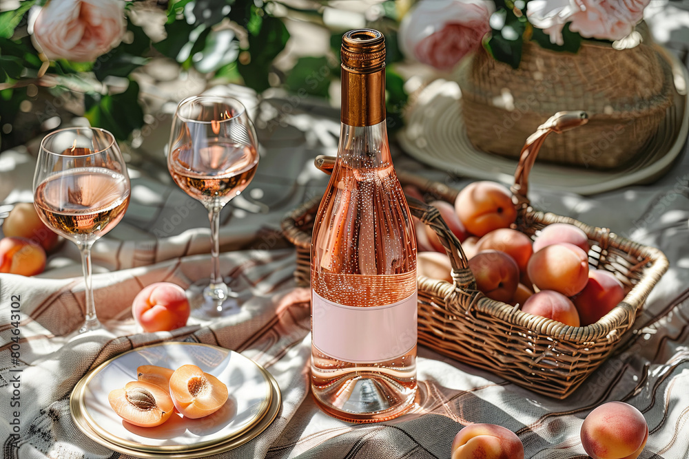 Rosé wine elegantly presented with fresh peaches on a sunny day.