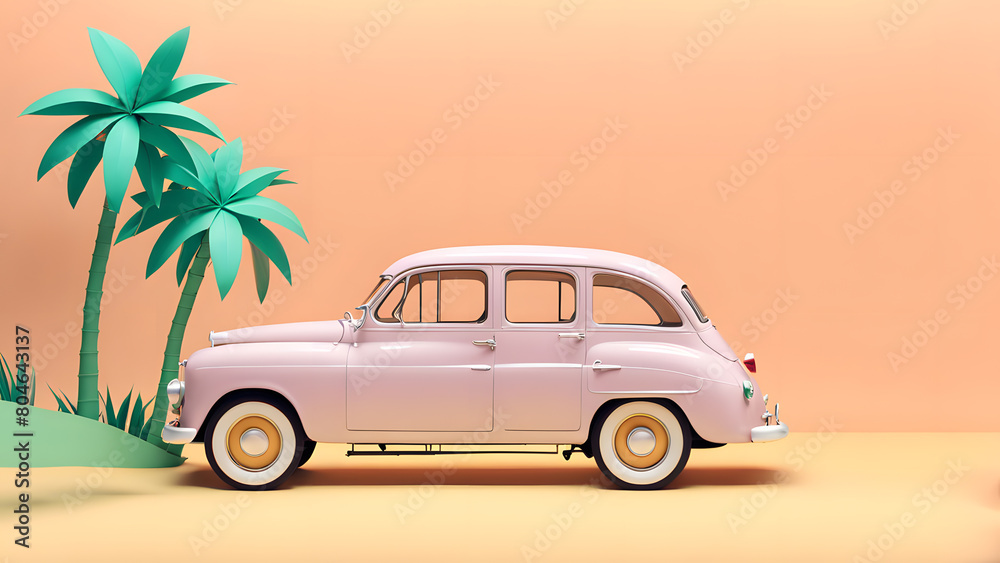 A pink car is parked in front of a palm tree