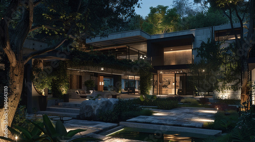 A sleek, contemporary mansion adorned with soft, ambient lighting, nestled amidst a lush garden.