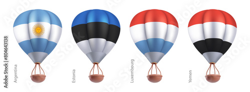 Hot air balloons with national flag of Argentina, Estonia, Luxembourg, Yemen. Sky travel or ballooning festival in flying basket aerostat concept. Vector 3d render cartoon airship on white background.