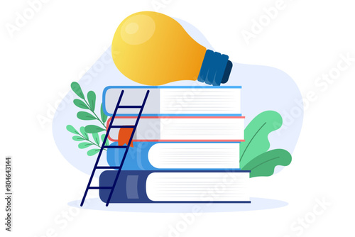 Books and idea light bulb - Gaining creative knowledge and getting ideas from reading and learning concept in flat design vector illustration with white background