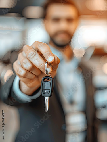 Blurred man offering a car key, symbolizing a new vehicle purchase.