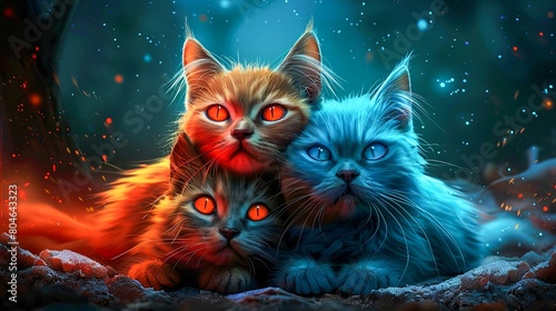 Three cats with glowing eyes in the middle of a forest fire