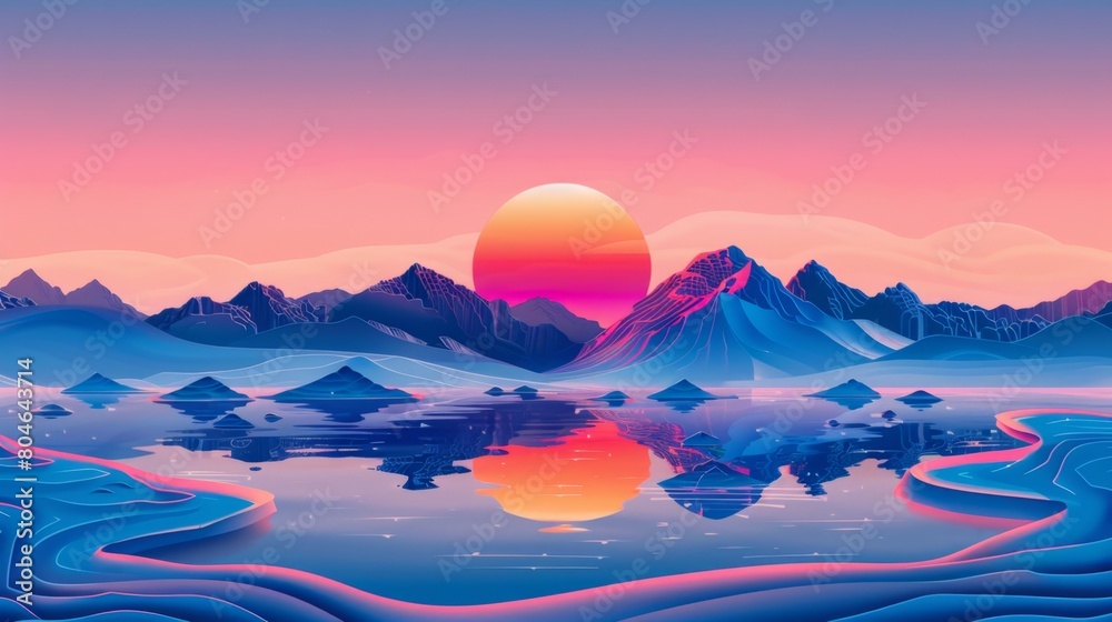 Vibrant digital art of surreal sunset mountainscape