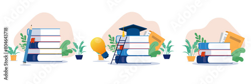 Education illustrations collection - Set of vector graphics with books and educational elements with no people on white background