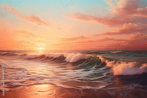 Waves crashing gently on the shore under the warm glow of the evening sky  isolated on solid white background.